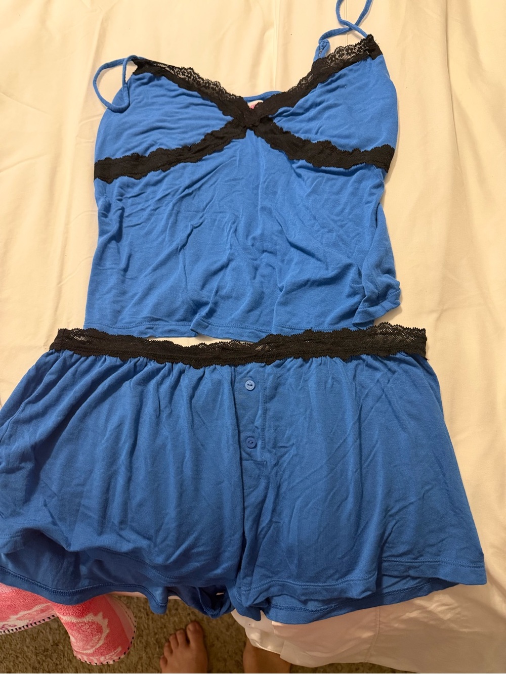 PINK Victoria's Secret Bright Blue Camisole & Shorts with Black Lace